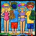 colorful swimmers beach and seashore art and beach and seashore gifts, beach and seashore paintings and beach and seashore prints by artists Jane Billman and Gregg Billman